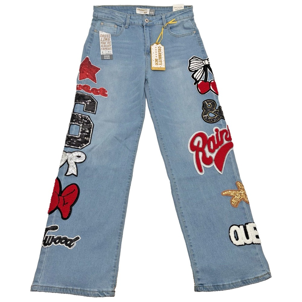 Celebrity Ace Blue Embellished Wide Leg Jeans 13 Patches Sequins High Rise NEW
